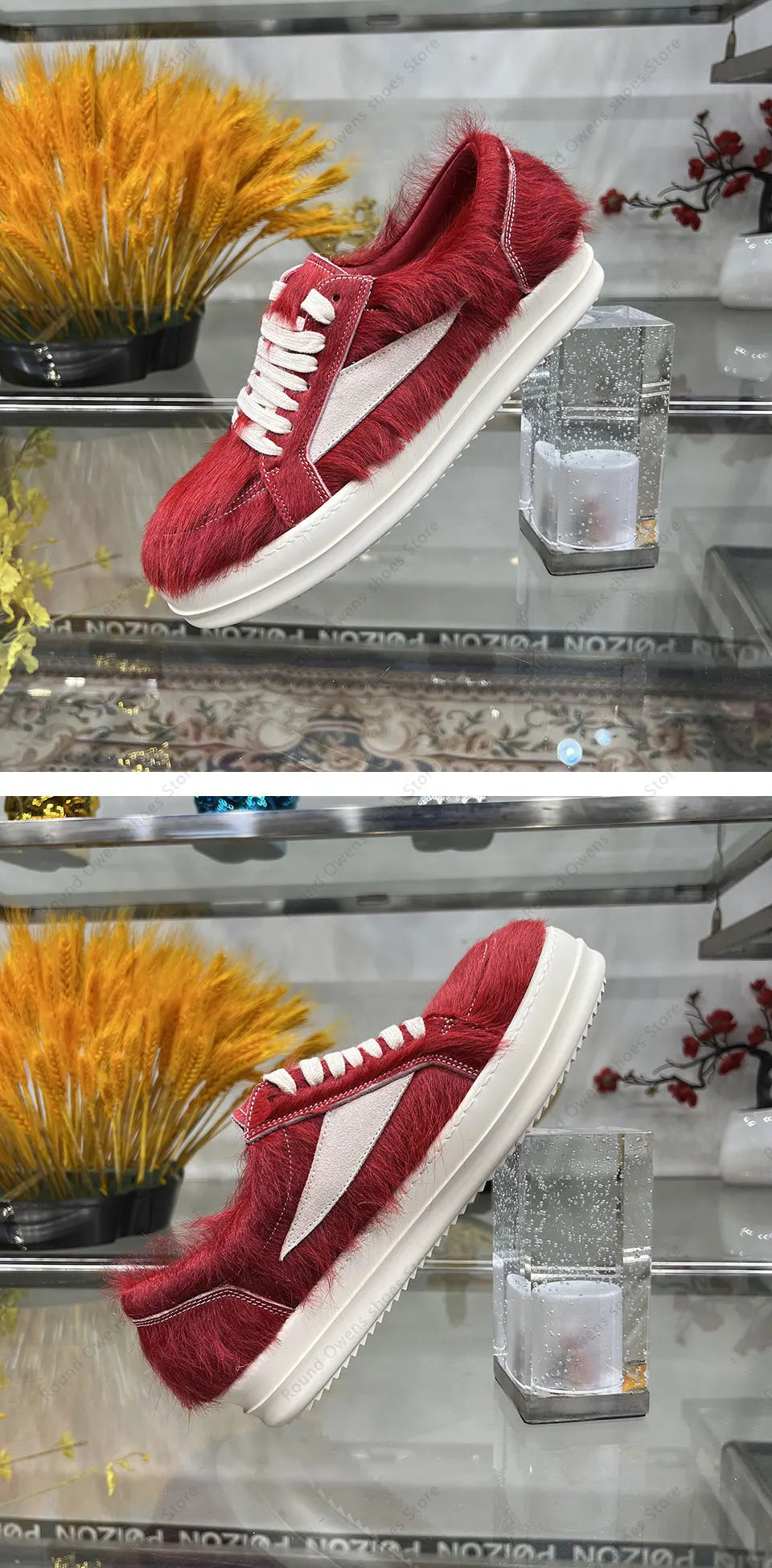 24ss New Horse Hair Low Top Quality Casual Shoes Dark Red Men Genuine Leather Thick Sole Lace Up Luxury Sports Ro Women Sneakers