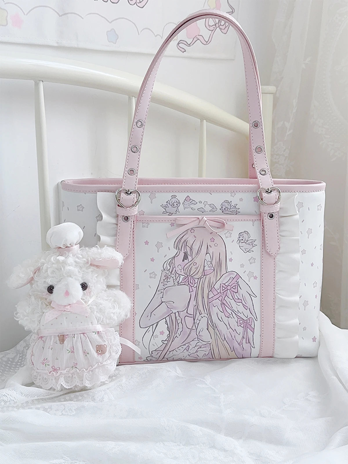 Pink Tote Bag Women Large Capacity Shoulder Bags Cartoon Cute PU Leather Handbags Shopping Women's Bags