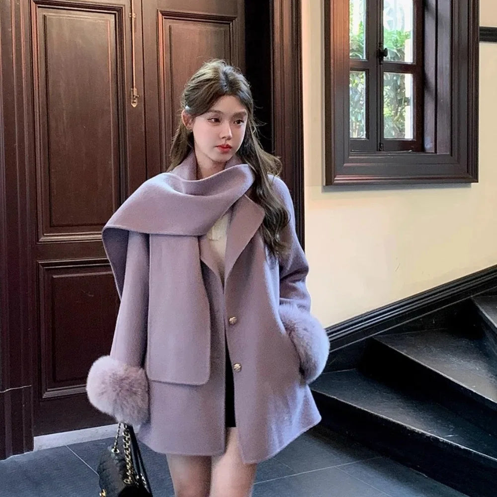 Elegant Wool Coat Warm Women Double Faced Luxury Real Fox Fur Sleeves 100 Wool Scarf Autumn Winter 2025 New Fashion Trench Coat