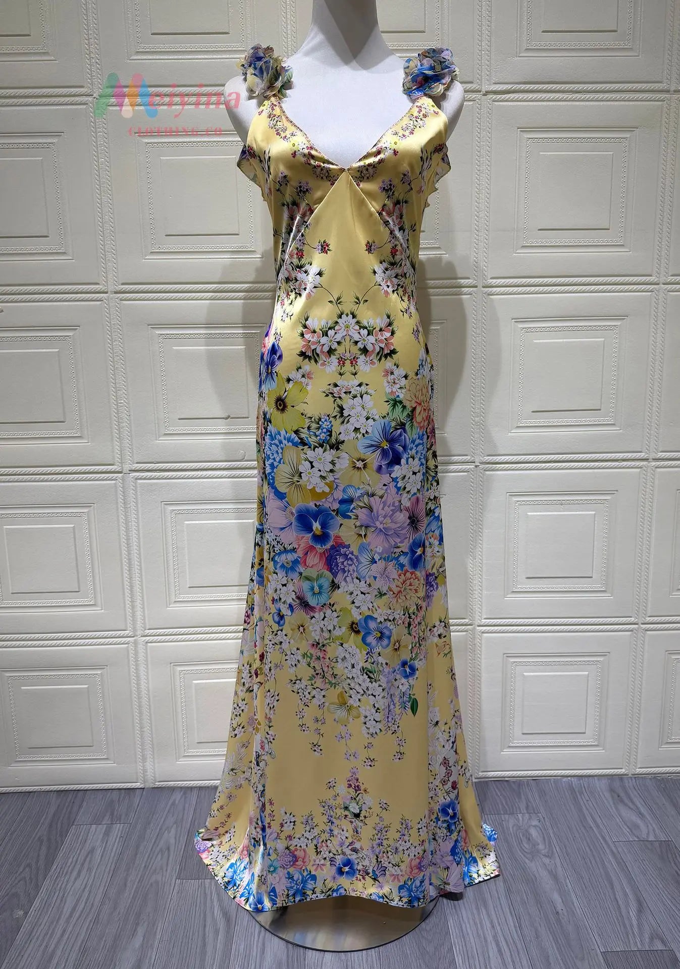 100% Silk Floral Print Sleeveless Sling Maxi Dress for Women Elegant Deep V Neck Backless Sexy Club Party Long Dress