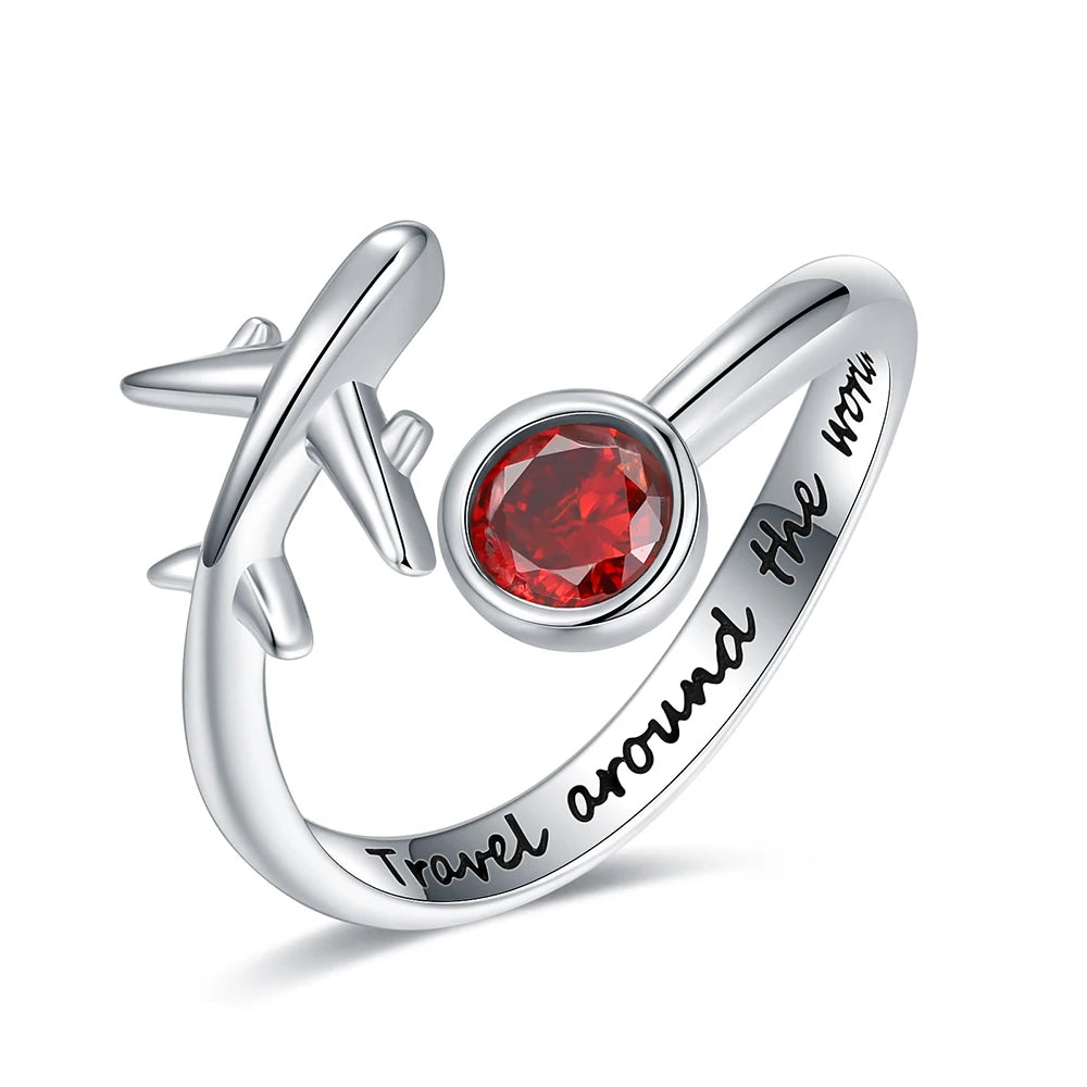 925-Sterling-Silver Adjustable Open Airplane Rings Engraved "Travel Around the Word"Engagement Ring Gifts for Women Teen Girls