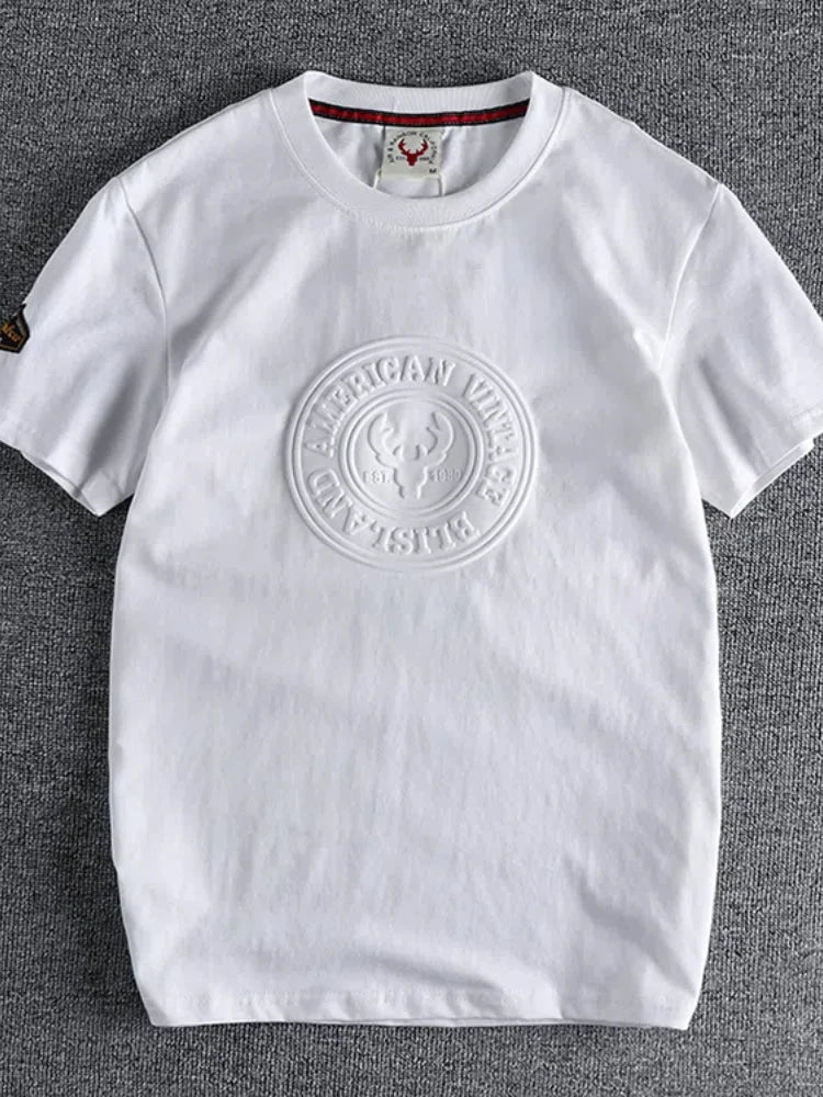 883# 2024 Summer New Japanese Retro Short Sleeve O-neck 3D Letter Printed T-shirt Men's Fashion 100% Cotton Washed Casual Tops