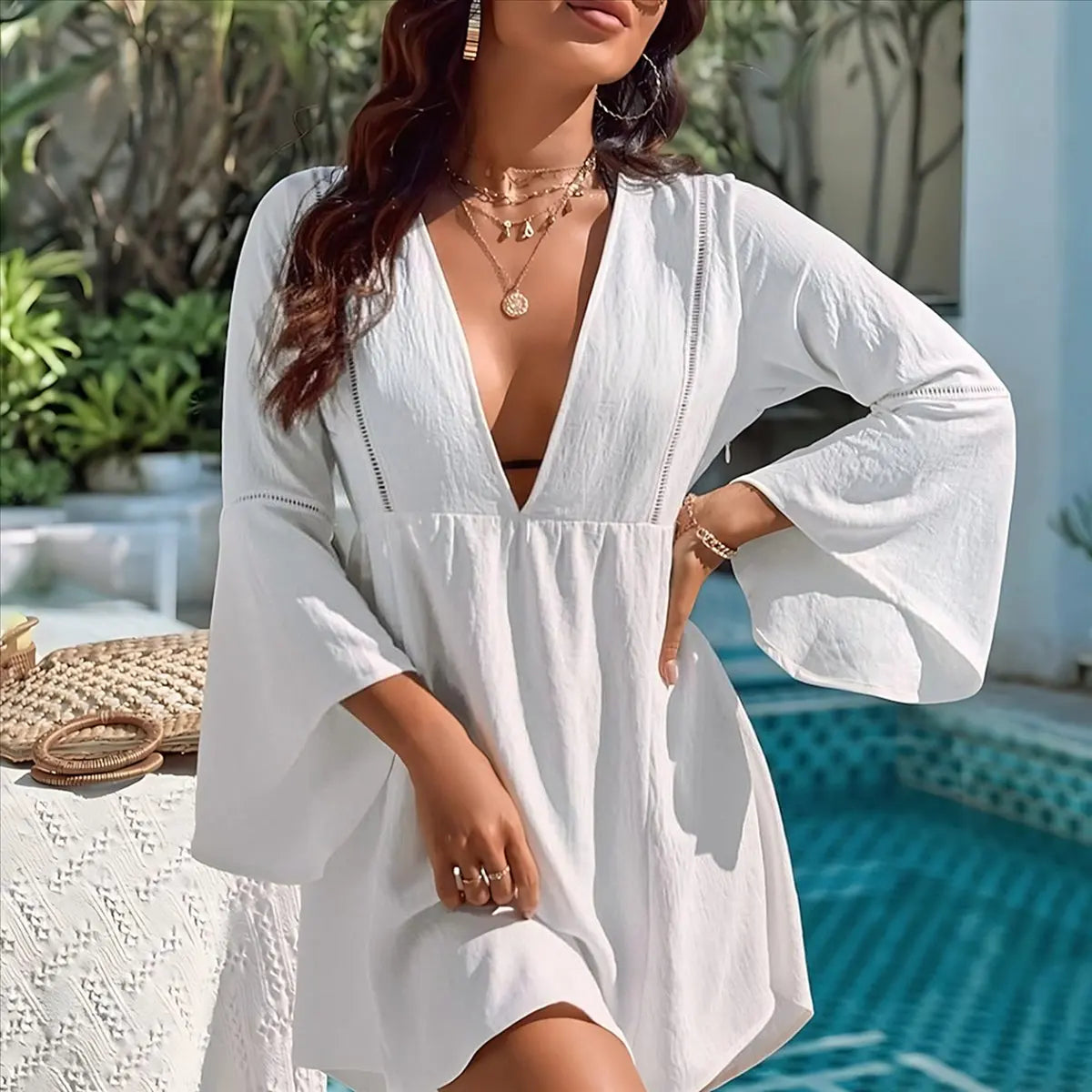 ABHT-Womens Swimsuit Coverup V Neck Chiffon Bathing Suit Beach Dress Flowy Swim Bikini Cover Up