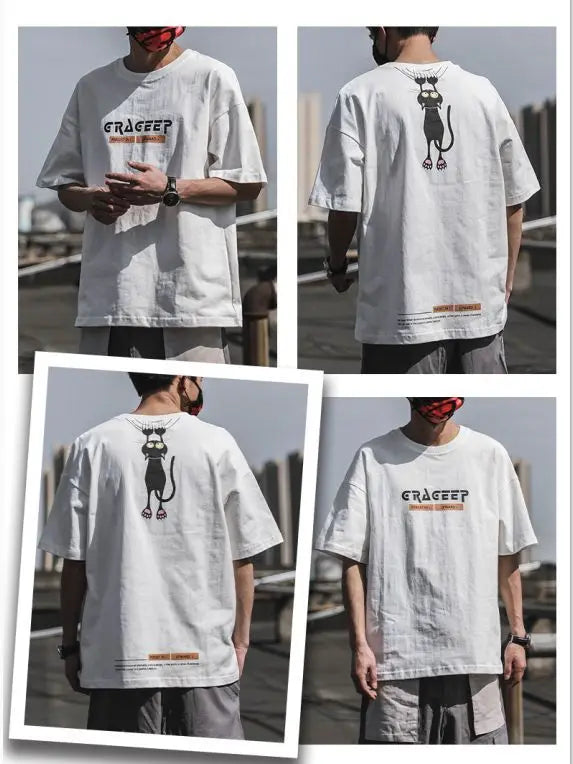 Pure Cotton New Printed T-shirt for Men Short-sleeved Trendy Brand Trendy Half-sleeved Loose Couple T-shirt Original Retro