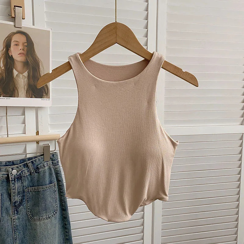 Summer Women Tank Tops Solid Color Camisole with padded Bra sexy Off Shoulder O Neck Elastic Tank Top Casual Sport Vest