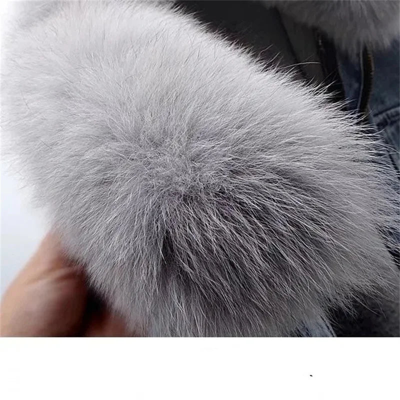 Winter Denim Jacket With Women's Fleece Warm Cowboy Coat New Detachable Imitation Fox Rabbit Fur Inner liner Short Denim Jacket