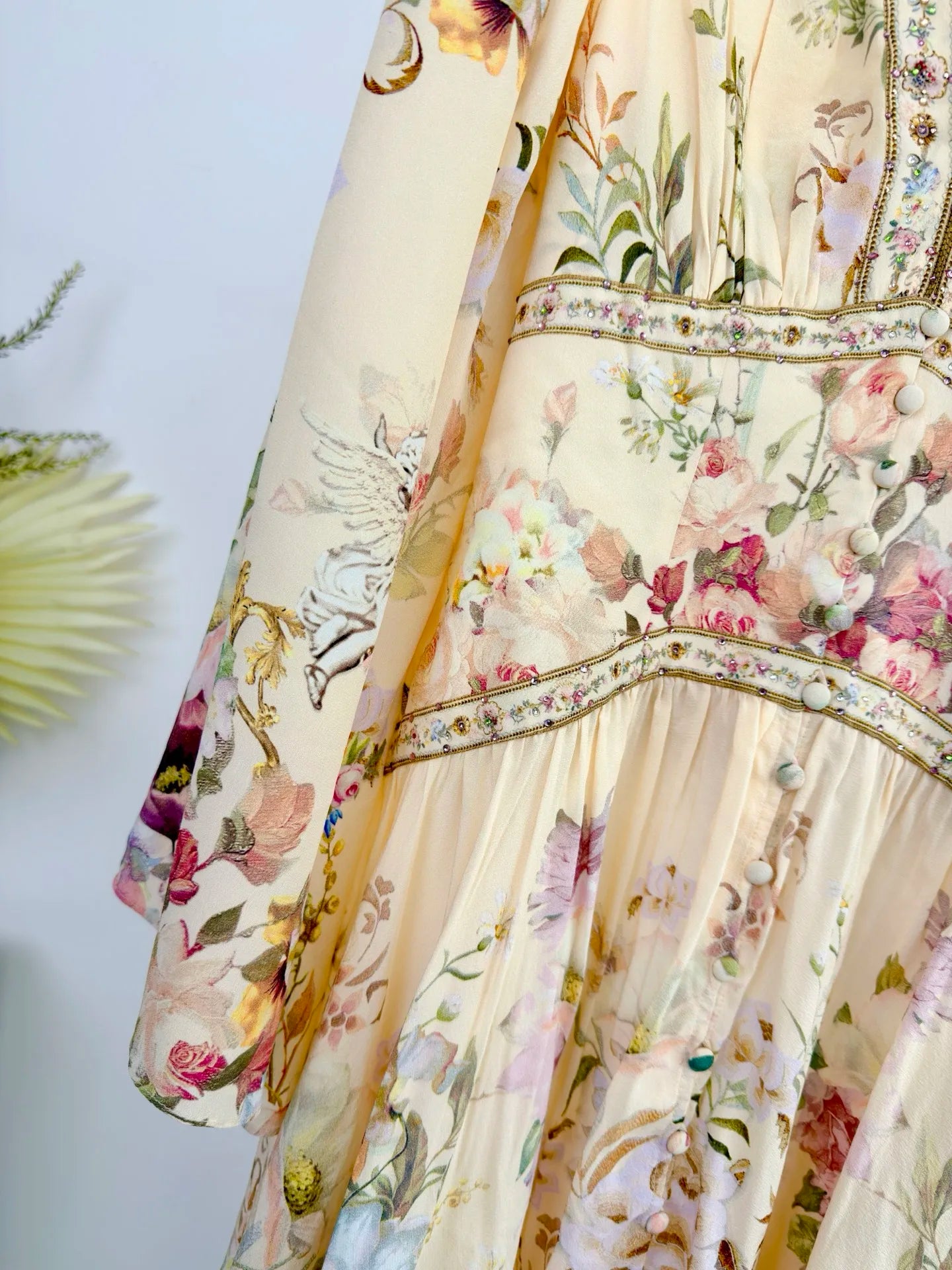 Women Silk Flower Printed Long Dress Heavy Beaded V-Neck Lantern Sleeve Loose Female dress