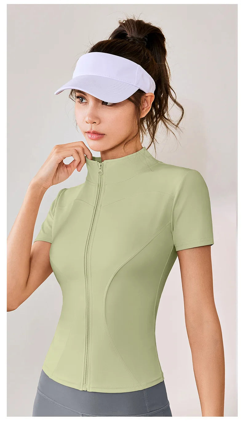 Summer High Quality Waist Slimming Training Tops Women's Quick-drying Tight Stand Collar Full Zipper Short Sleeves Yoga shirts
