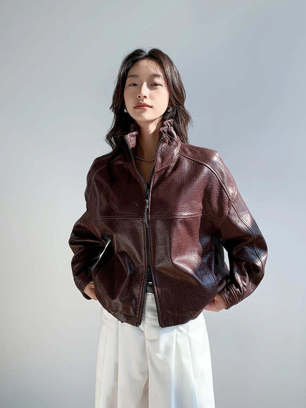 Vintage Genuine Leather Cropped Jackets for Women Spring Autumn 2025 New High-end Simple Stand Collar Bubble Real Sheepskin Coat