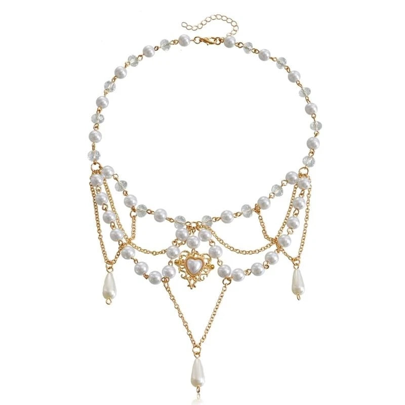 31BB Tassel Necklace Elegant Layered Necklace Pearl Beaded Necklace Clavicle Chain