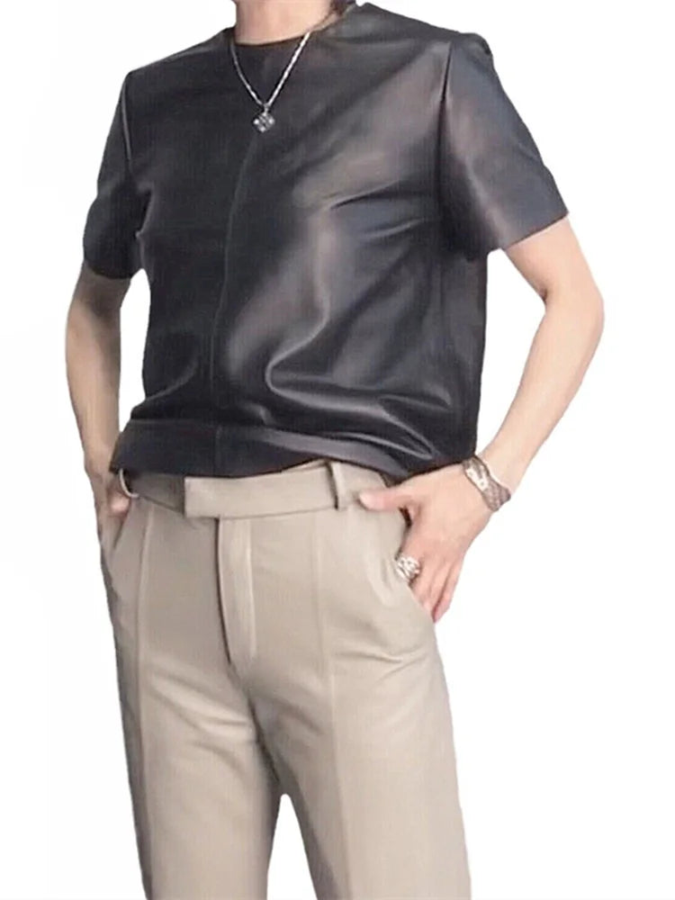 Genuine Leather Tops for Women 2025 Spring/Summer Short Straight Sleeve Round Neck Pullover Shirts & Blouses Thin Suede Blusas