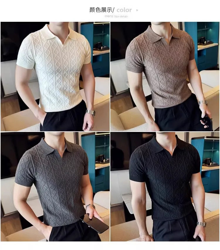 Polo Style Sweaters for Men Summer New Slim Fit Short Sleeve Business Casual T-shirts Male Solid Turn Down Collar Knitwear Tops