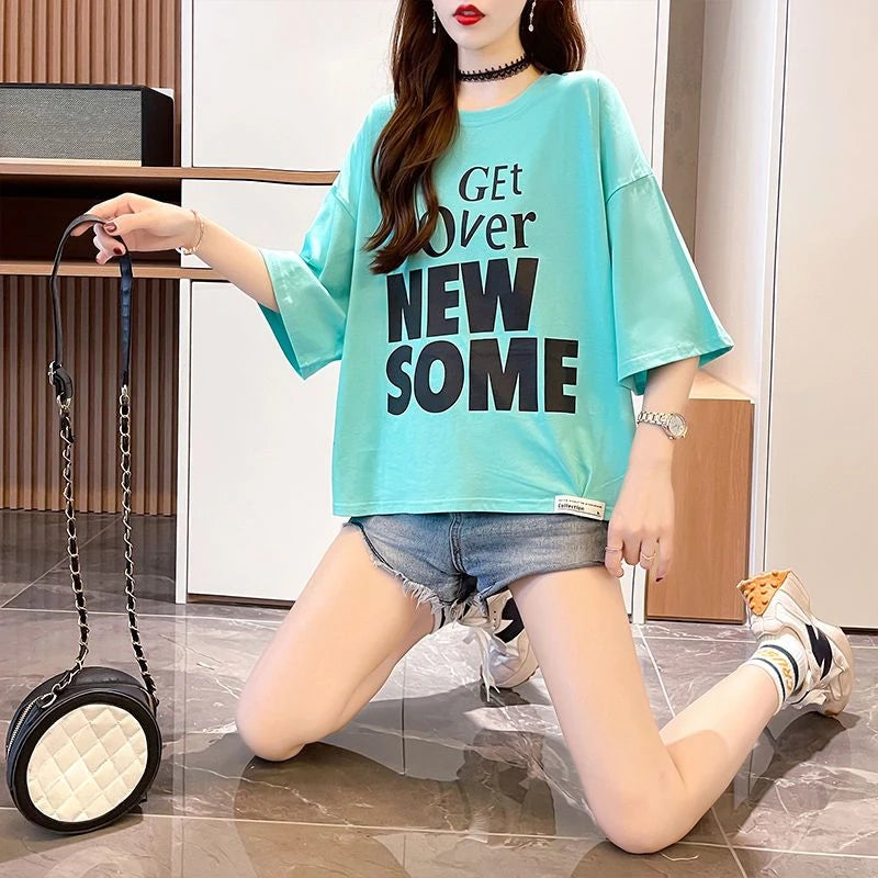 Women's T-shirt Summer Outfit Graphic Short Sleeve Cotton Top Female Baggy Trending Clothing Korean Popular Clothes Cheap Woman