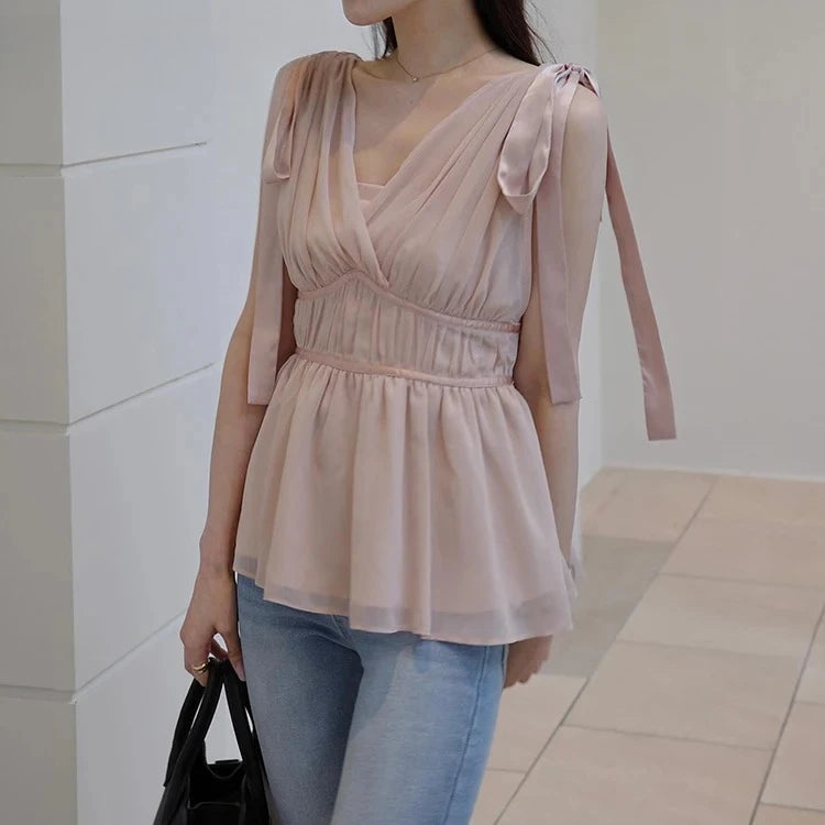 Women's Tops Summer Bow Tie Sweet Elegant Blouse Femme V Neck Shirt Waist-Cinching Japanese Style Sleeveless Chiffon Blouse