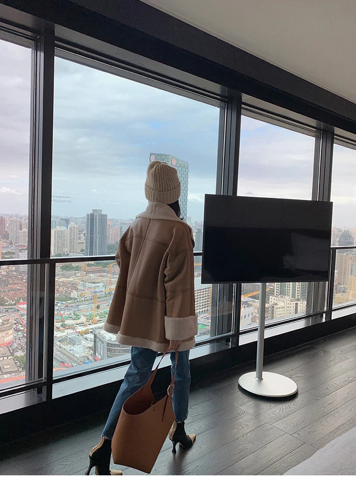 2025 Autumn Winter Fur Integrated Lamb Wool Coat Women's European And American Street Temperament Fashion Locomotive Fur Coat