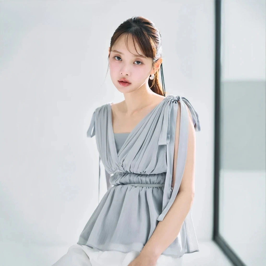 Women's Tops Summer Bow Tie Sweet Elegant Blouse Femme V Neck Shirt Waist-Cinching Japanese Style Sleeveless Chiffon Blouse