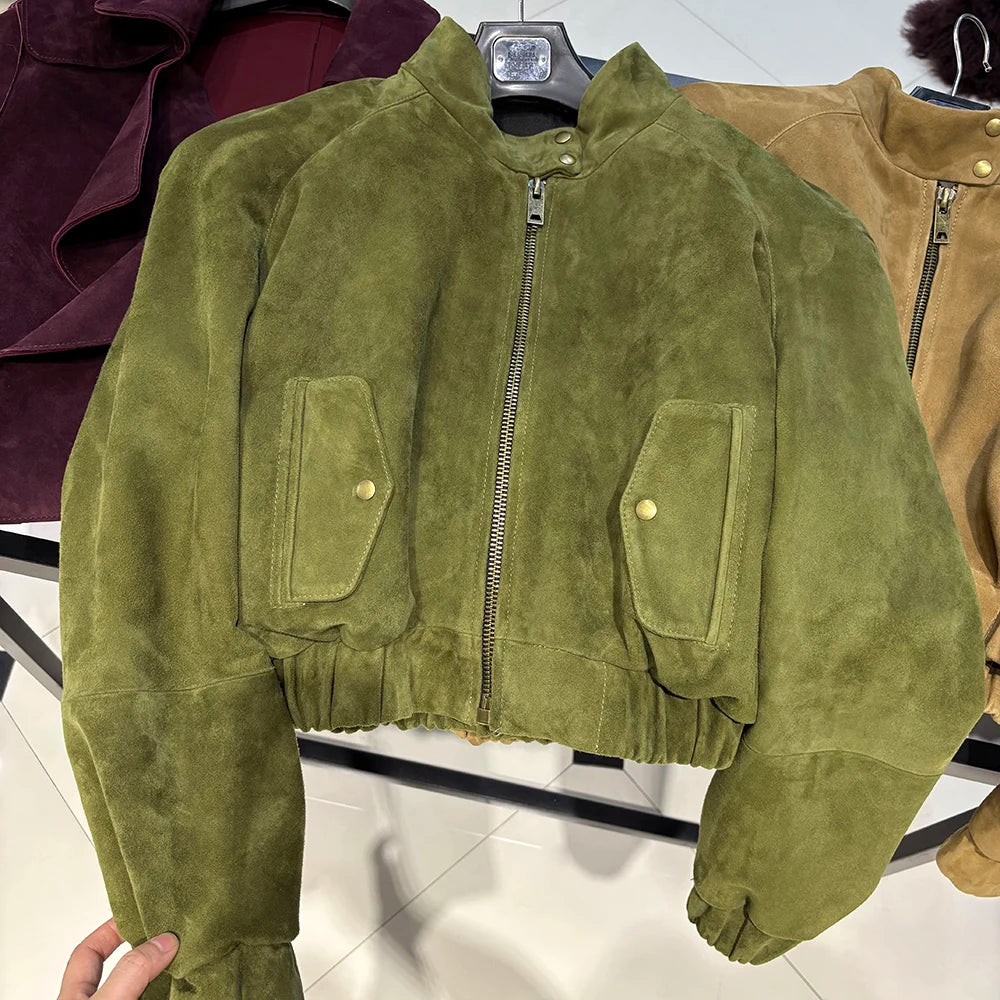 YOLOAgain Suede Leather Jacket Coat Women Real Leather Cropped Jacket Bomber Jacket 2025 Autumn