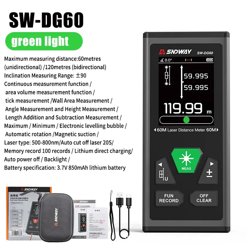 SNDWAY SW-DR60 Dual Laser Distance Meter 60M 100M Bilateral Laser Rangefinder Laser Tape Measure Bidirectional Range Finder
