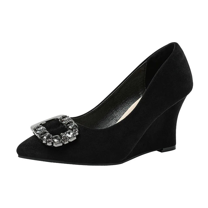 Slope Heel Fashion Shoes Women Spring New Water Diamond Pointed Shallow Mouth Soft Sexy High Heels Women Black Retro Footwear 43
