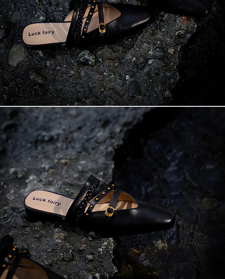 Ods Footwear Designer Rivet Women Flats Slippers Shoes Mules Female Slides Fashion Pointed Toe Ladies Flats Slippers Sandals 40