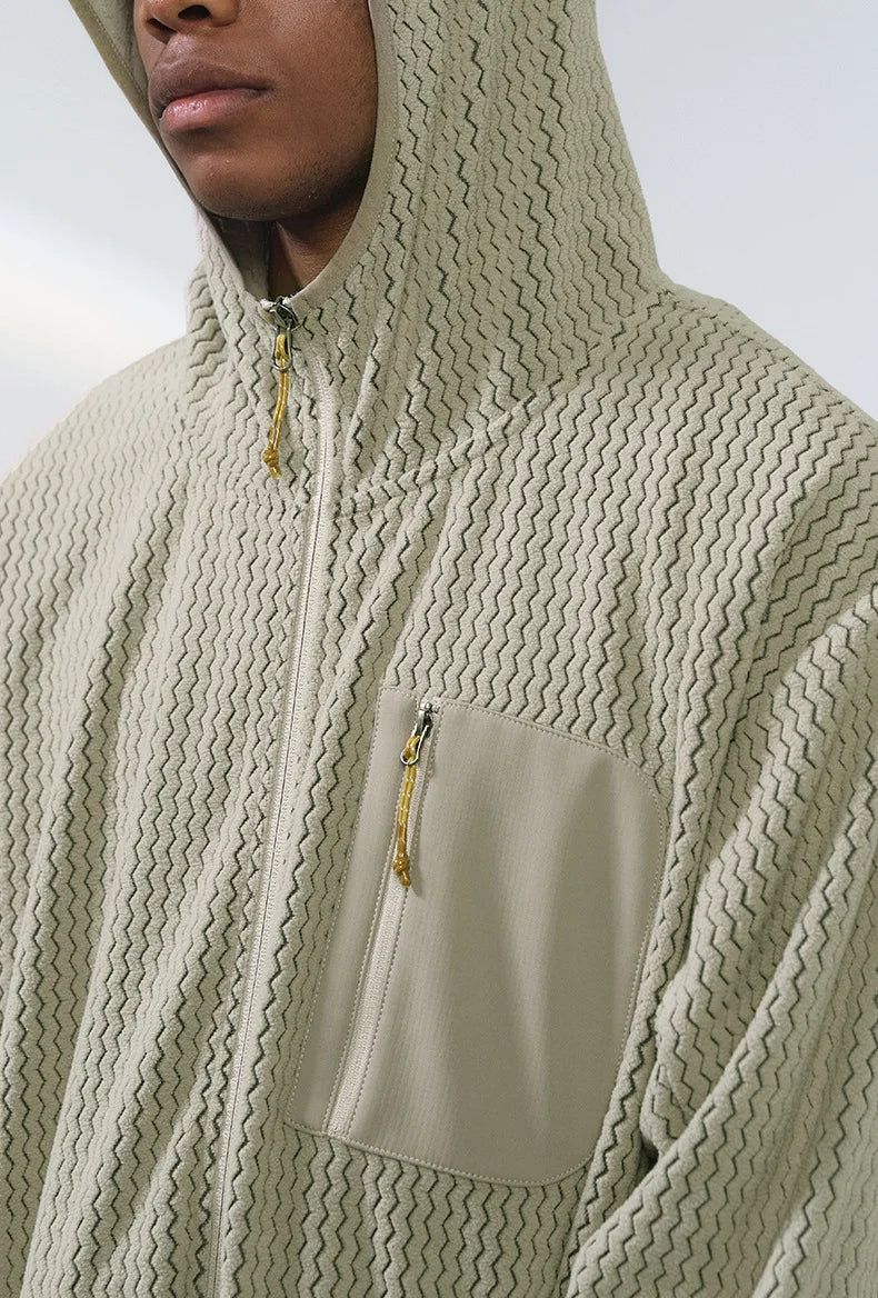 Winter Outdoor Windproof Wavy - Patterned Stand - Collar Zip - Up Jacket Unisex Loose-fitting Casual Warm Windproof Jacket.