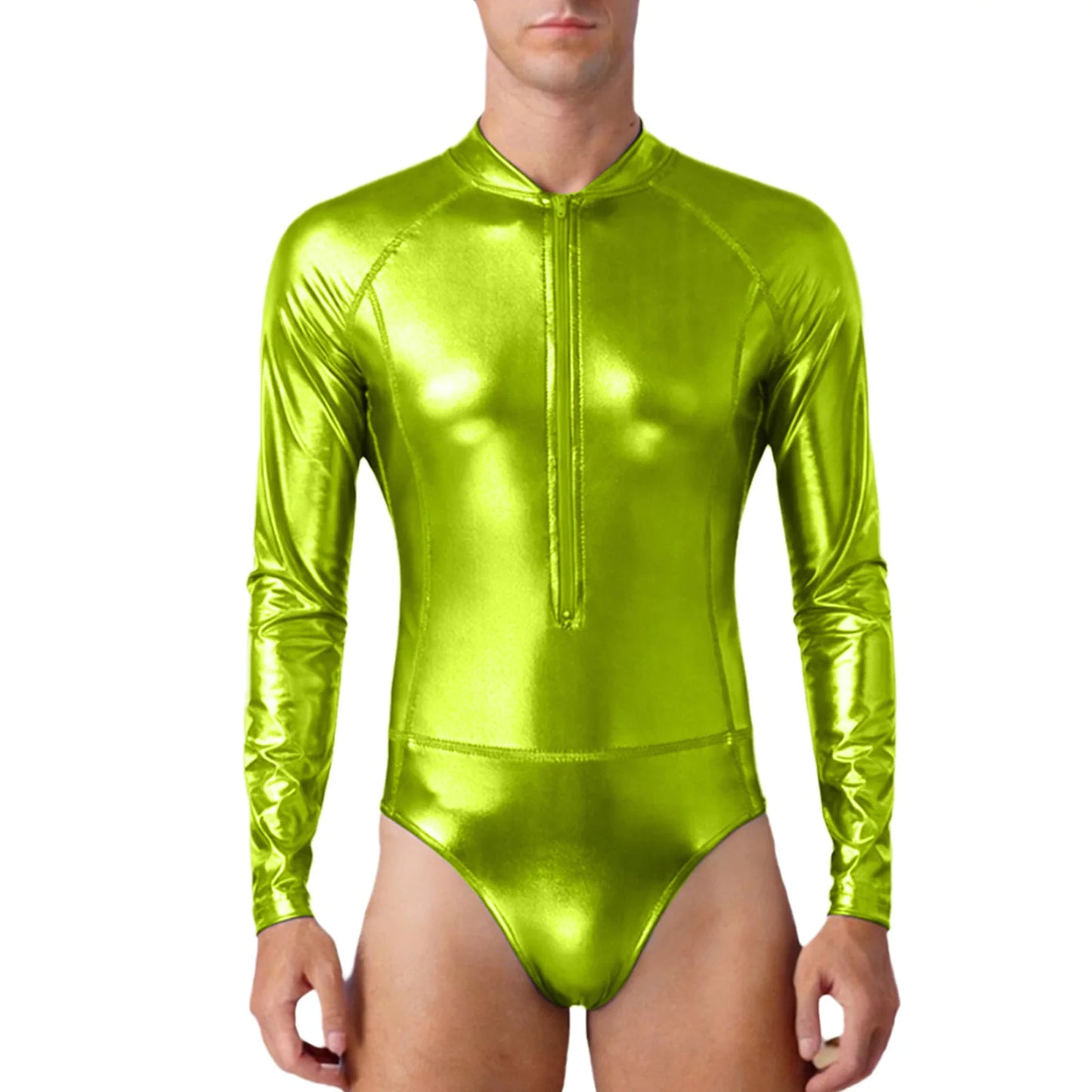 Mens Bathing Suits Swimsuits Metallic Shiny Bodysuit Long Sleeve One-piece for Nightclub Jazz Dance Beach Gymnastics Leotard