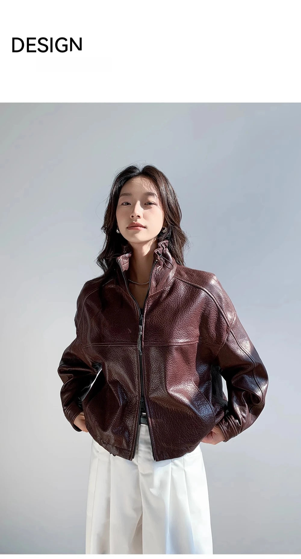Vintage Genuine Leather Cropped Jackets for Women Spring Autumn 2025 New High-end Simple Stand Collar Bubble Real Sheepskin Coat