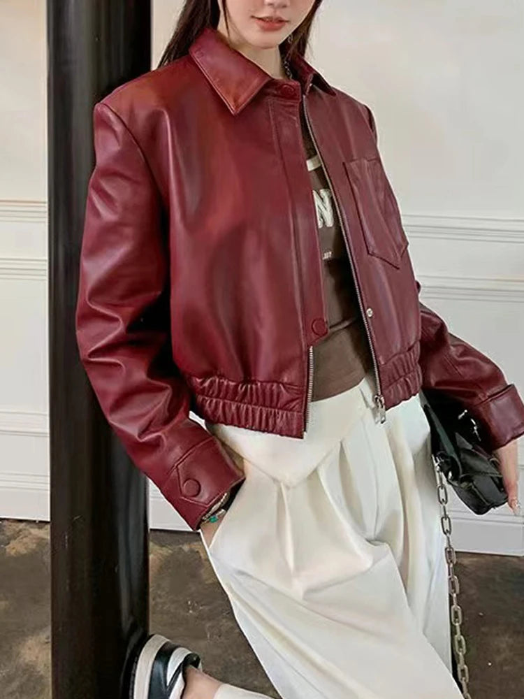 European 2025 New Fashion Short Leather Jacket For Women Casual Elastic Band Waist Top Clothing Mujer Varsity Claret Veste