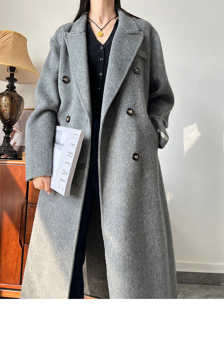 Office Lady Woolen Jackets 2024 Autumn And Winter Suit Collar Double Breasted Warmer Yak Hair Loose Long Women's Wool Coats