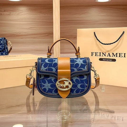 Ladies' handbag, light luxury retro denim canvas bag, fashionable 2025 new style saddle bag, high-end single shoulder crossbody