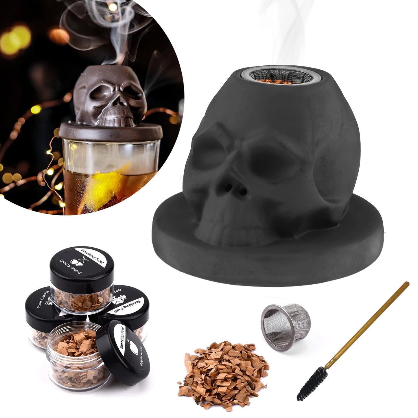 Ceramics Whiskey Smoker Kit Skull-Shaped Smoke Infuser Old Fashioned Cocktail Smoker Kit With Fruity Wood Chips Kitchen Bar Tool
