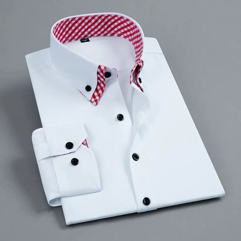 Men's Long Sleeve Dress Shirt Non Iron Double Layer Business Formal Regular Fit Office Camisa Fashion White Blue Social Shirts