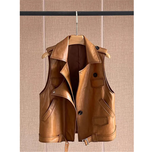 Women's Genuine Leather Vest Sheepskin Short Design Suit Collar Spring Autumn Fashion Outerwear