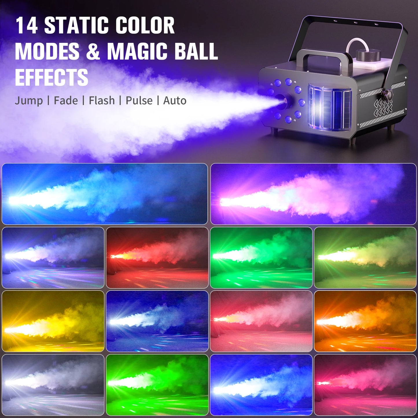 Yiflamefly 1200W RGB 9LED Fog Machine With Sword Beam Effect 14 Static Colors Smoke Machine For Halloween Wedding Party KTV Bar