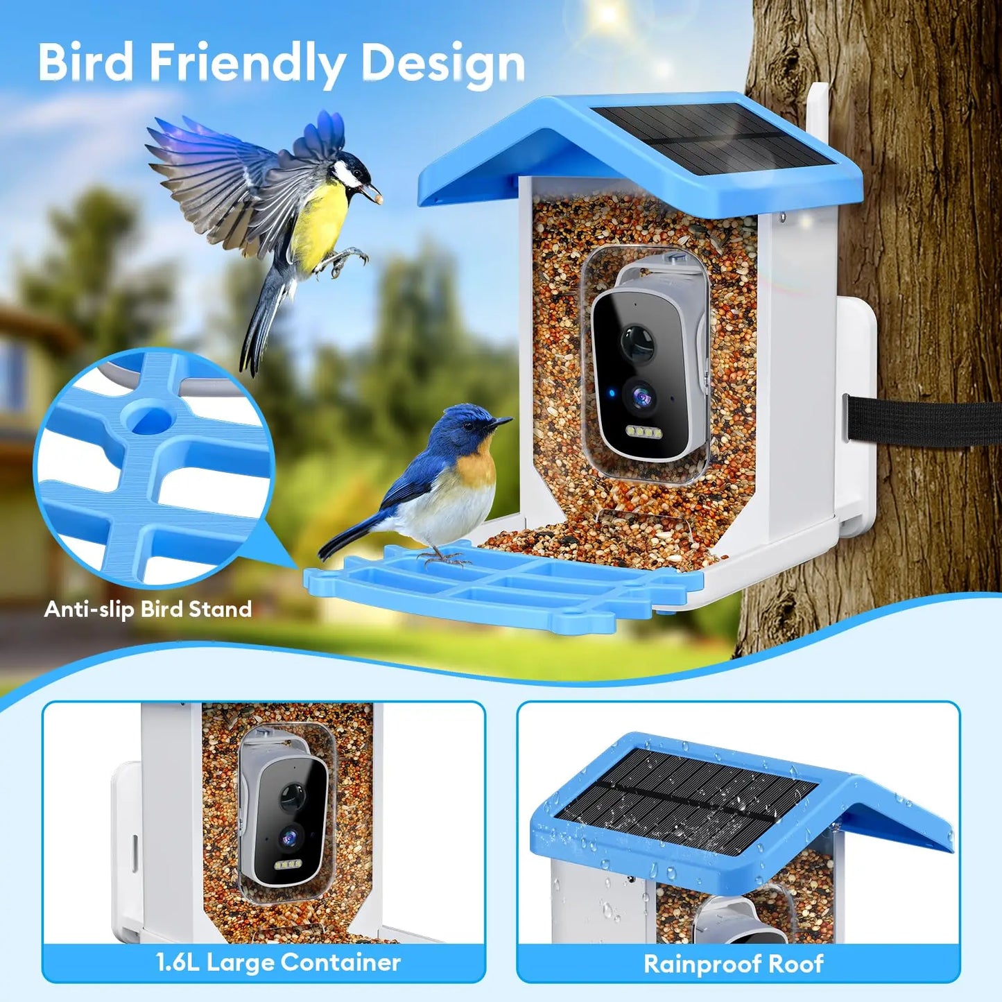 Solar Bird Smart Feeder AI Camera 5.0Megapixel Low Power Night Vision IP66 Waterproof WIFI 1.5L Capacity Feeder Camera Gift Box