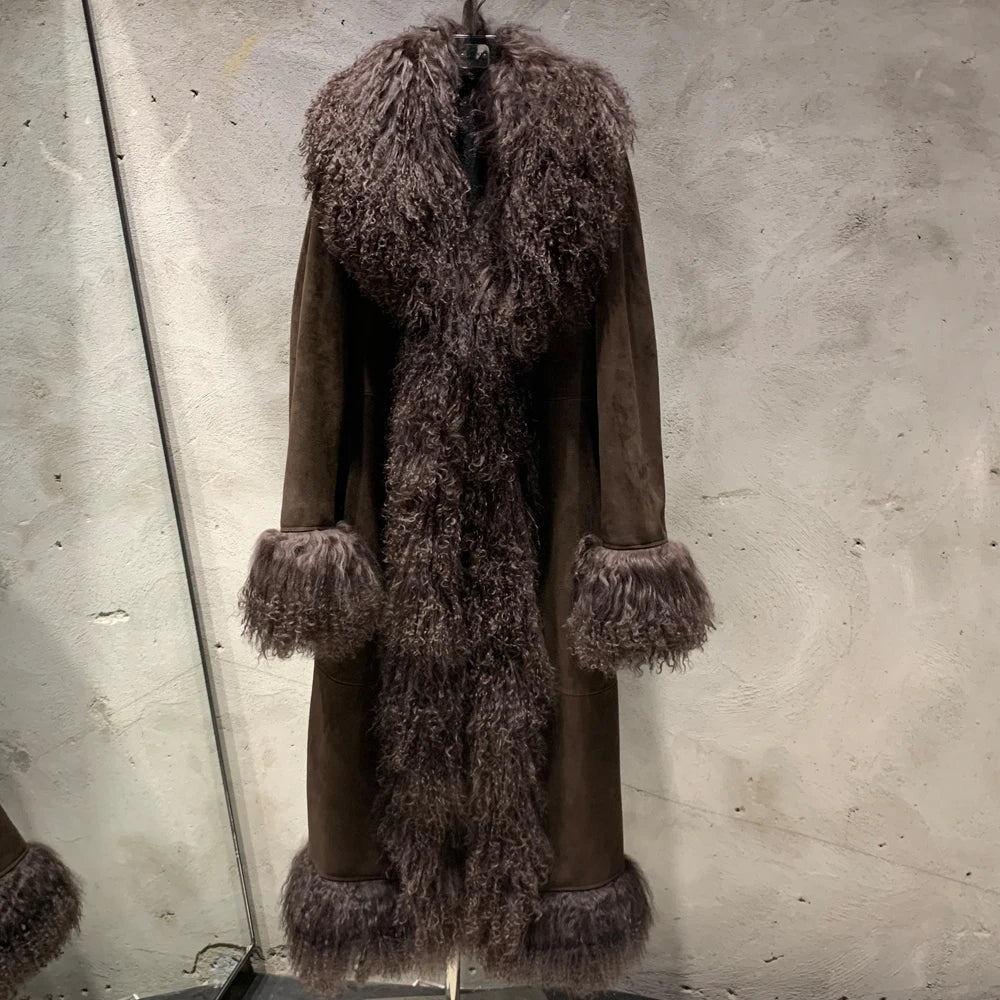 Suede Coat Fur Collar Women Autumn Genuine Sheepskin Coat Long with Mongfolian Fur Trim