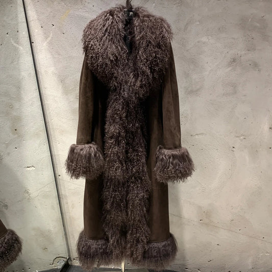 Suede Coat Fur Collar Women Autumn Genuine Sheepskin Coat Long with Mongfolian Fur Trim