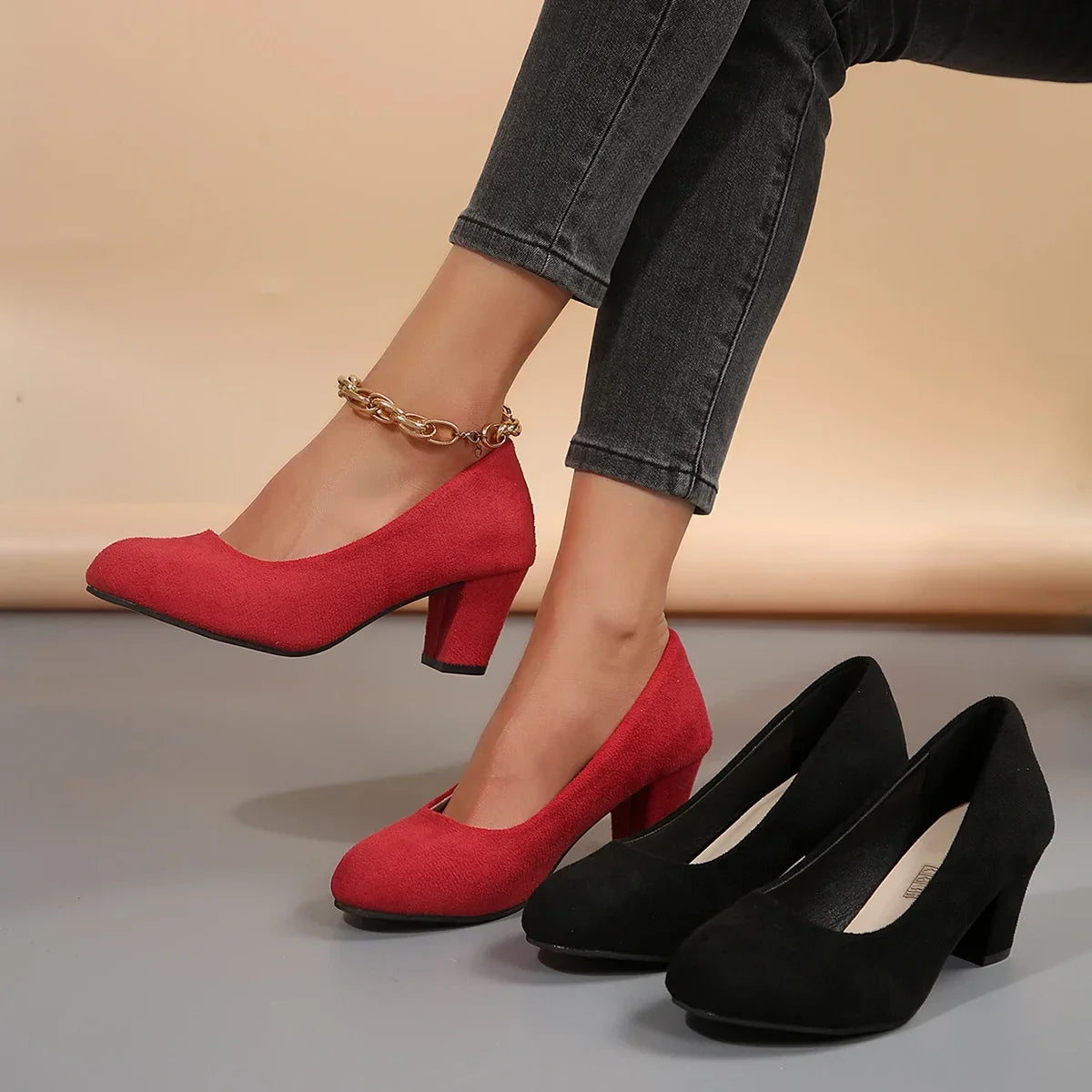 Autumn Single Shoes Women's Fashion New Round Toe Shallow Suede Cover Foot Non-slip Wear-resistant High Heels