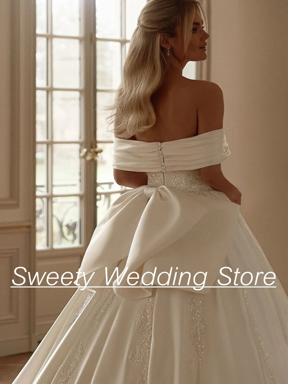 2025 Wedding Dress Vestido De Noiva Customized Boat Neck Off Shoulder Beading Applique Sweep Train Arabian Bridal Gown with Bow
