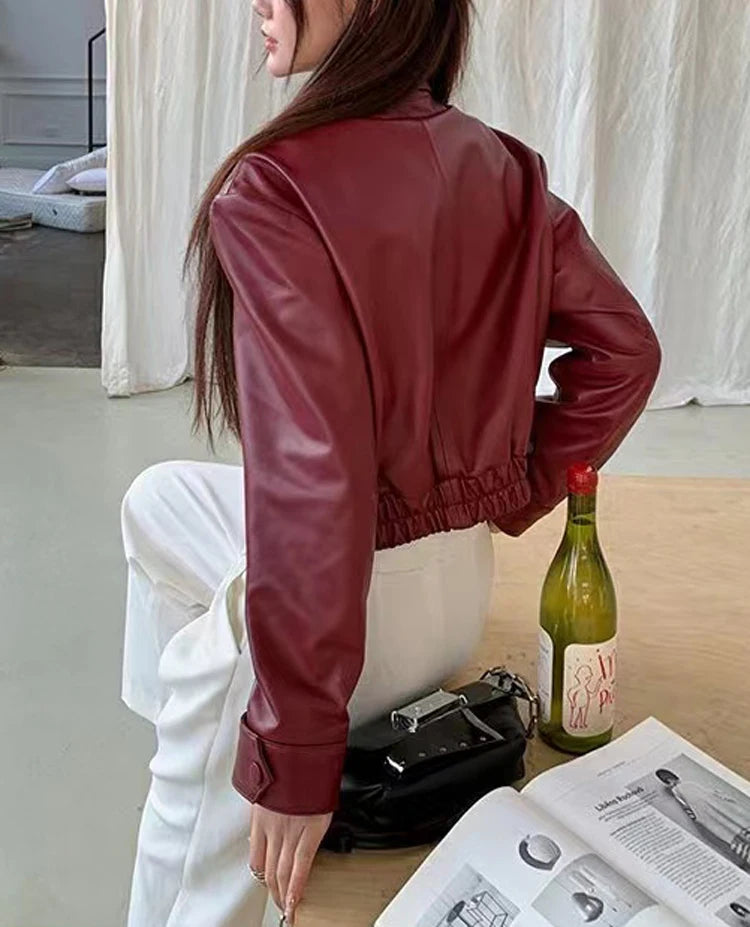 European 2025 New Fashion Short Leather Jacket For Women Casual Elastic Band Waist Top Clothing Mujer Varsity Claret Veste