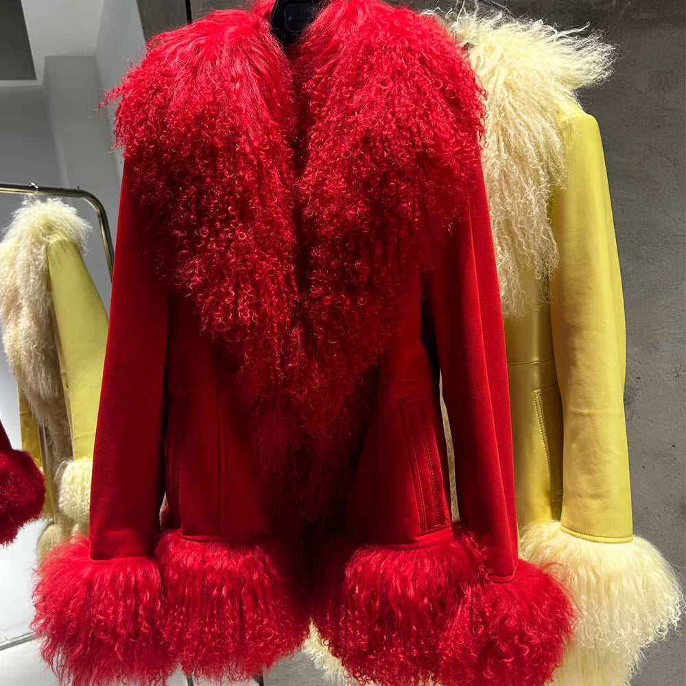 Black Suede Mongolian Sheep Fur Coat Women Fur Jacket with Long Sleeve New arrival Winter Real Fur Coat