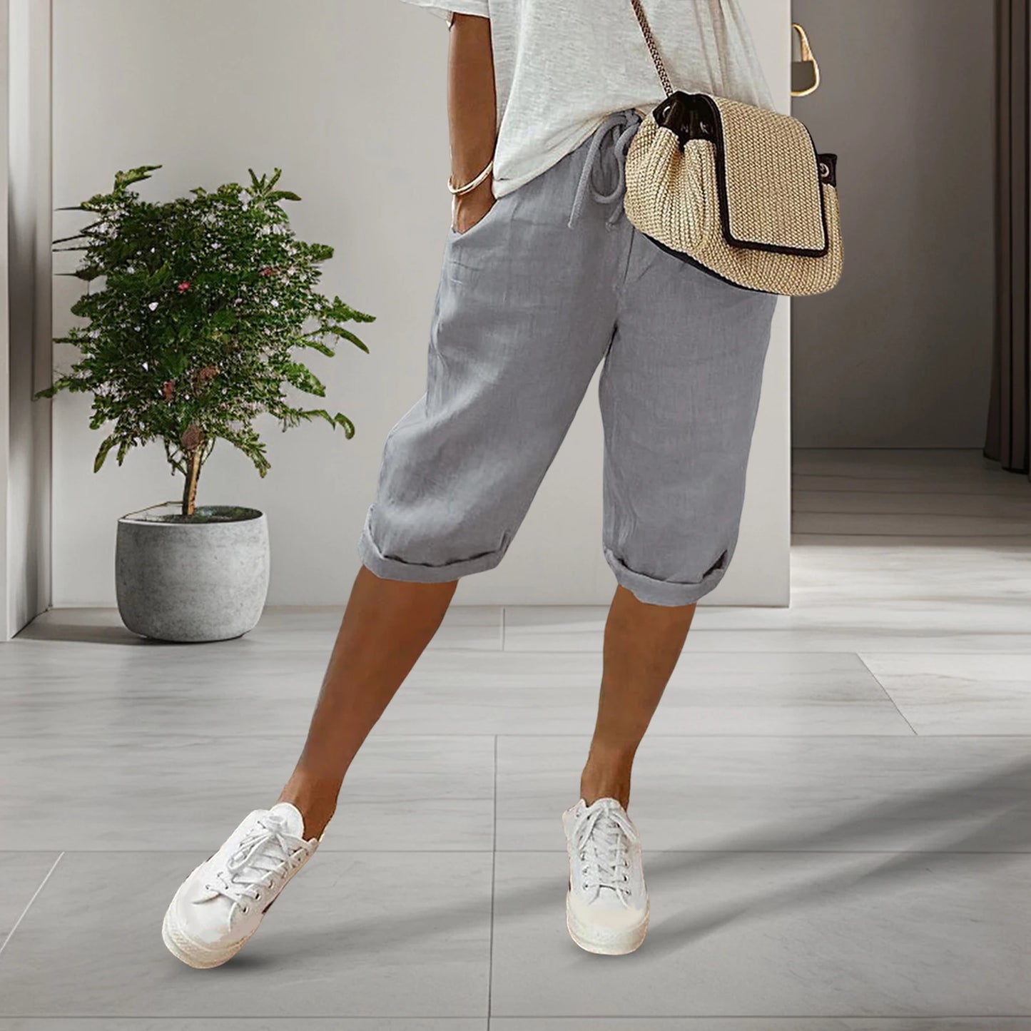 Spring Summer Women's Cotton Linen Trousers Pants Solid Elastic Waist Oversized Pants Women Straight White Homewear Trousers 3XL