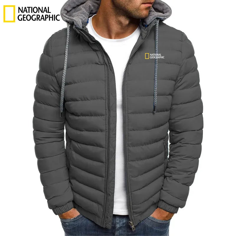 2025 New National Geographic Men's Cotton Padded Coat for Autumn and Winter, Embroidered Warm Hooded Zipper Hooded Coat for Men