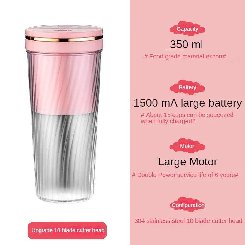 Portable Milkshake and Smoothie Blender 10 Blades Powerful Juice Jug with USB Rechargeable for Home, Office, Sports, Outdoor.