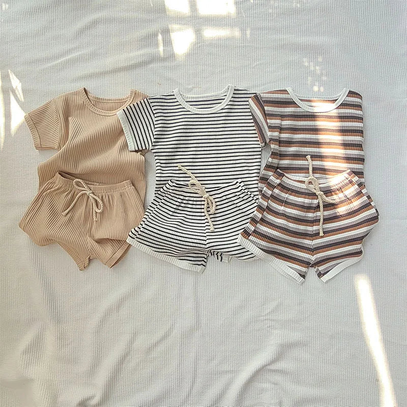 Comfortable Baby Clothes Set  Boys Simplicity Stripe Round Neck T-shirt +  Striped Shorts  breathable casual girl short sleeved