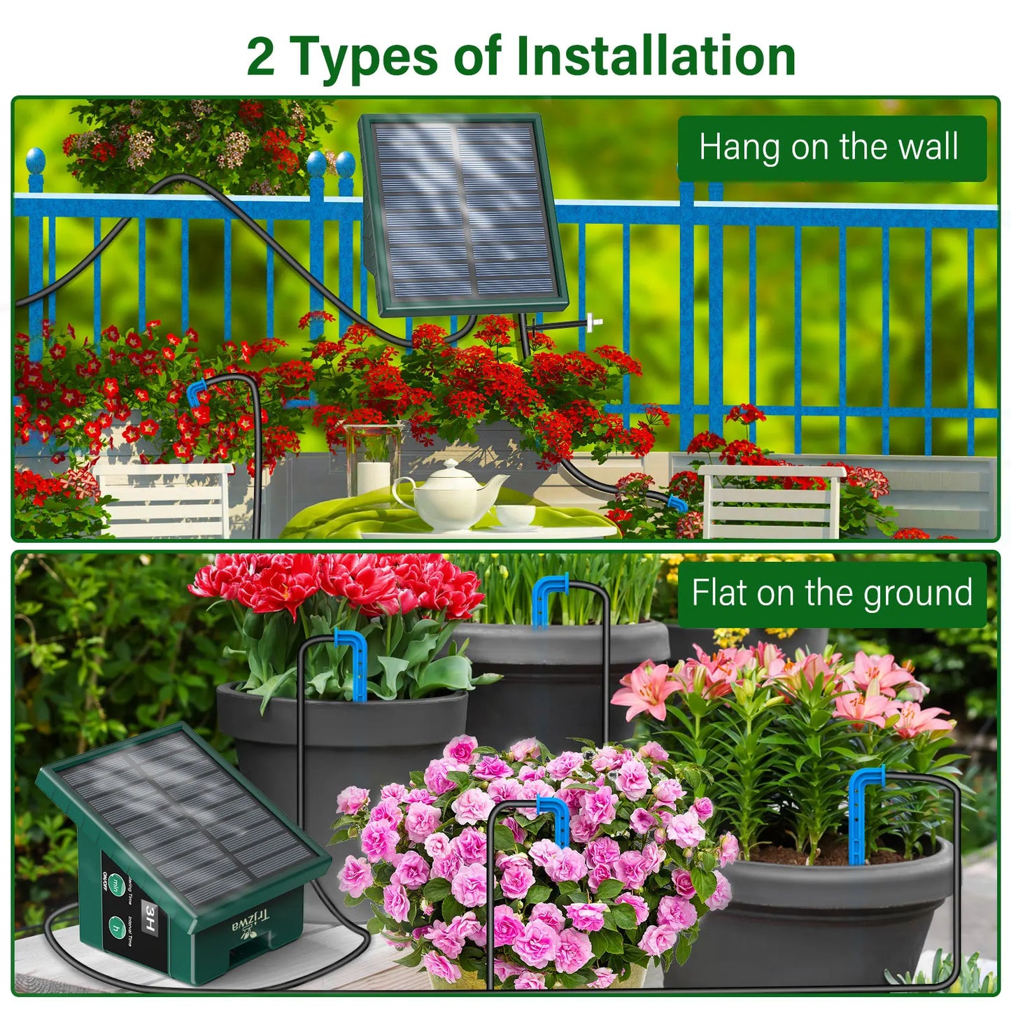 Solar Irrigation System, Automatic Watering System with 10M Hose and 10 Drip Tips for In/Outdoor, DIY Garden Balcony Terrace Etc