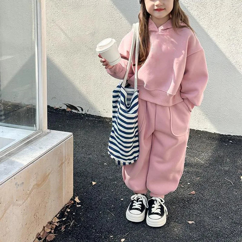 2025 Winter New Children Plus Velvet Thick Clothes Set Boys Girls Fleece Hooded Sweatshirt + Sweat Pants Suit Kids Warm Outfits
