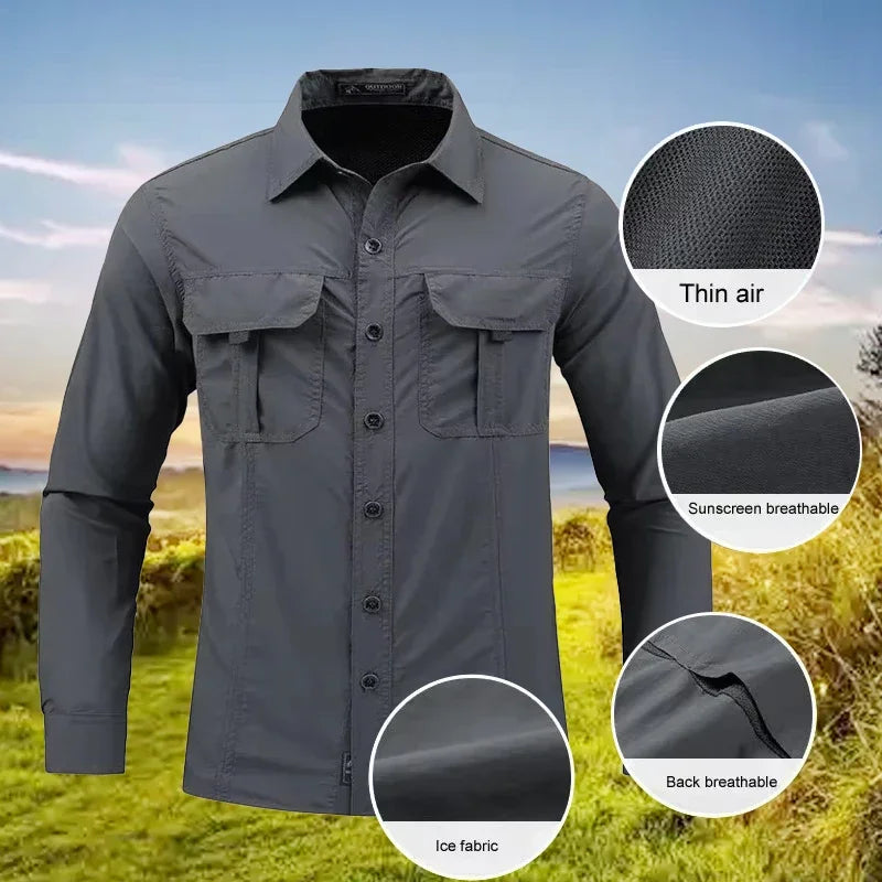 Men's Lightweight Quick-Drying Shirt Tactical Casual Military Long-Sleeved Cargo Shirt Breathable Sport Sunscreen Hiking Shirt