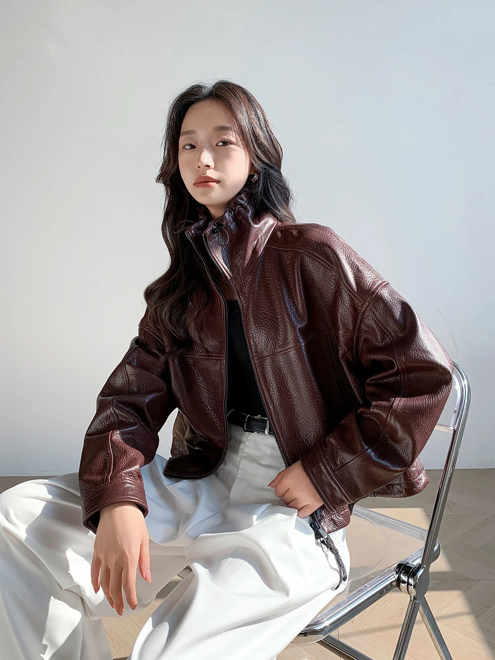 Vintage Genuine Leather Cropped Jackets for Women Spring Autumn 2025 New High-end Simple Stand Collar Bubble Real Sheepskin Coat