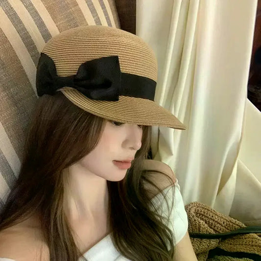 Summer Straw Hat For Women Outdoor Travel Beach Vacation Cap Vintage Bow Top Hat Girls French Flat Top Sun Visor Hats